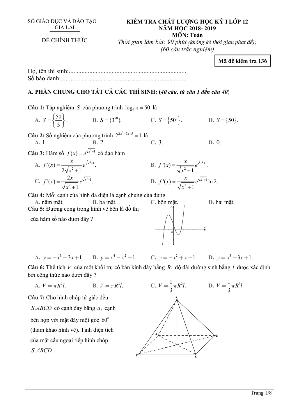 Xem trước trang 1 của "Đề Thi Học Kỳ 1 Toán 12 - Năm Học 2018-2019 - Sở GD-ĐT Gia Lai"
