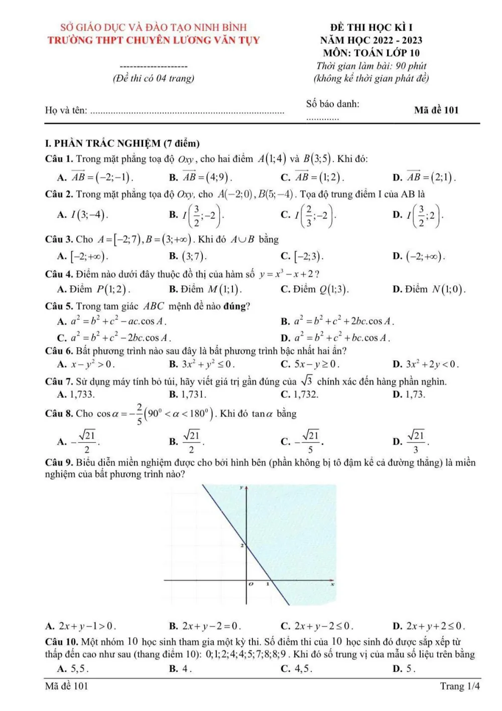 Xem trước trang 1 của "Đề học kỳ 1 Toán 10 - Trường THPT Chuyên Lương Văn Tụy - Ninh Bình (2022-2023)"