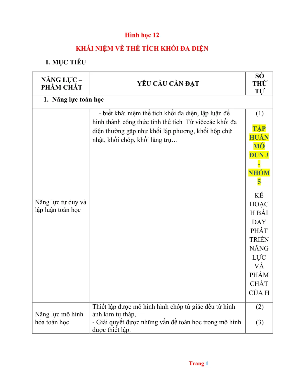 Xem trước trang 1 của "Hình học 12: Khái niệm về thể tích khối đa diện - Tập huấn Mô đun 3"
