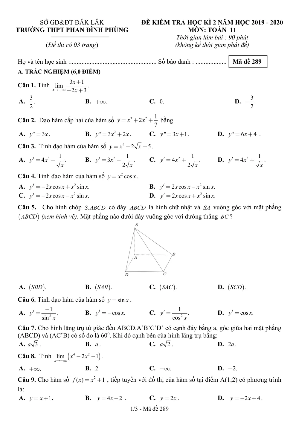 Xem trước trang 1 của "Đề Kiểm Tra Học Kỳ 2 Toán 11 - Năm học 2019-2020 - Trường THPT Phan Đình Phùng - Đắk Lắk"