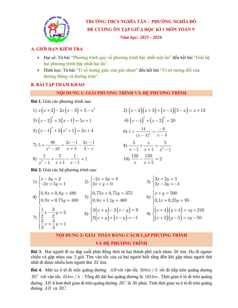 Xem trước trang 1 của "Đề cương Ôn tập Giữa học kì 1 Toán 9 - Trường THCS Nghĩa Tân - Năm học 2025-2026 - Hà Nội"