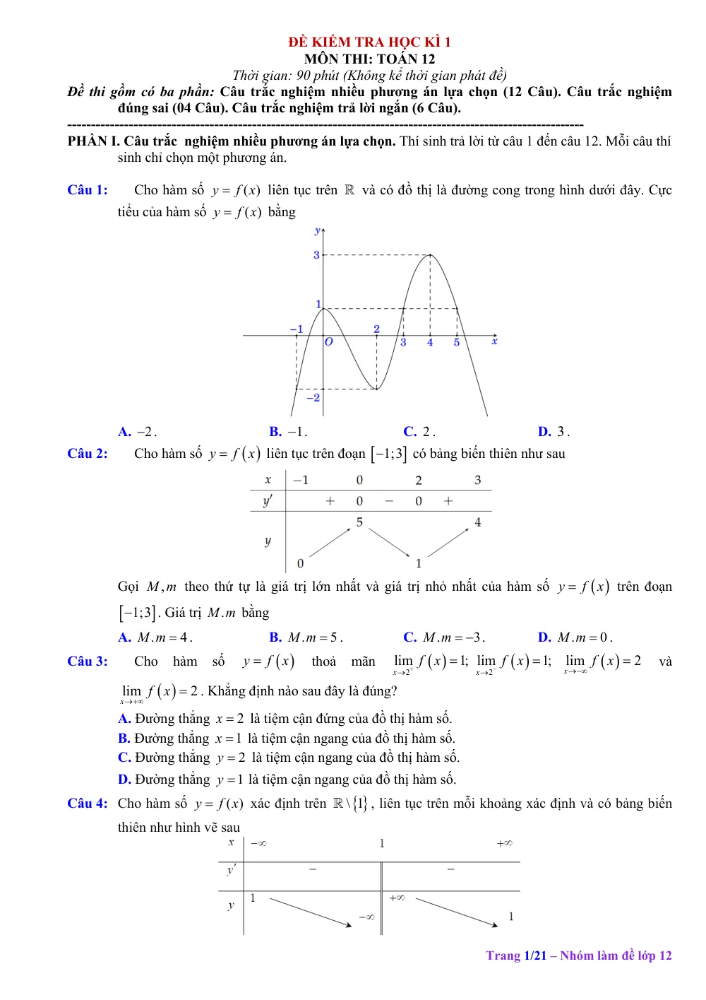 Xem trước trang 1 của "Đề Kiểm Tra Cuối Học Kỳ 1 - Toán 12 (Cấu Trúc Trắc Nghiệm Mới)"