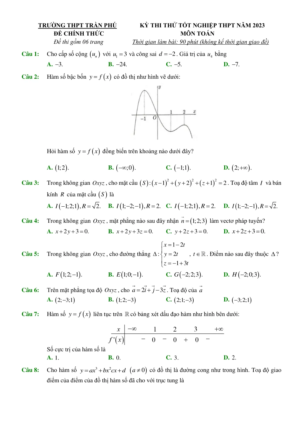 Xem trước trang 1 của "Đề thi thử Tốt nghiệp THPT 2023 môn Toán - Trường THPT Trần Phú - Đà Nẵng"