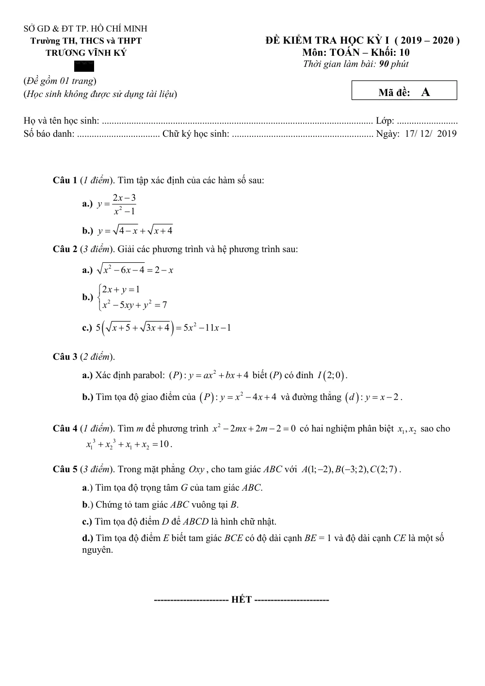 Xem trước trang 1 của "Đề Kiểm Tra Học Kỳ I Toán 10 - Trường Vĩnh Ký - TP. Hồ Chí Minh (2019-2020)"
