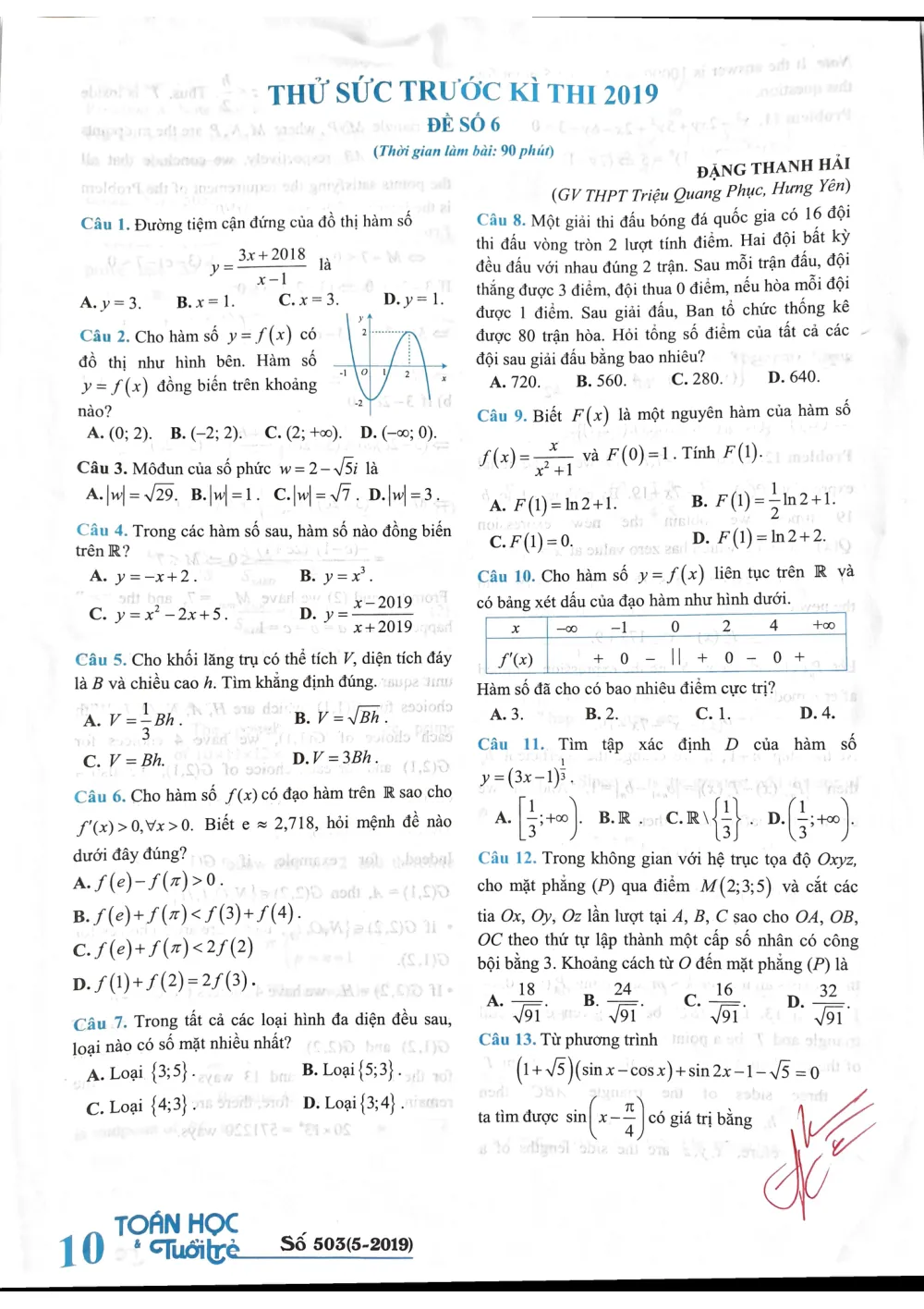 Xem trước trang 1 của "Đề thi thử THPTQG 2019 - Môn Toán - ToanHocTuoiTre - Đề số 6"