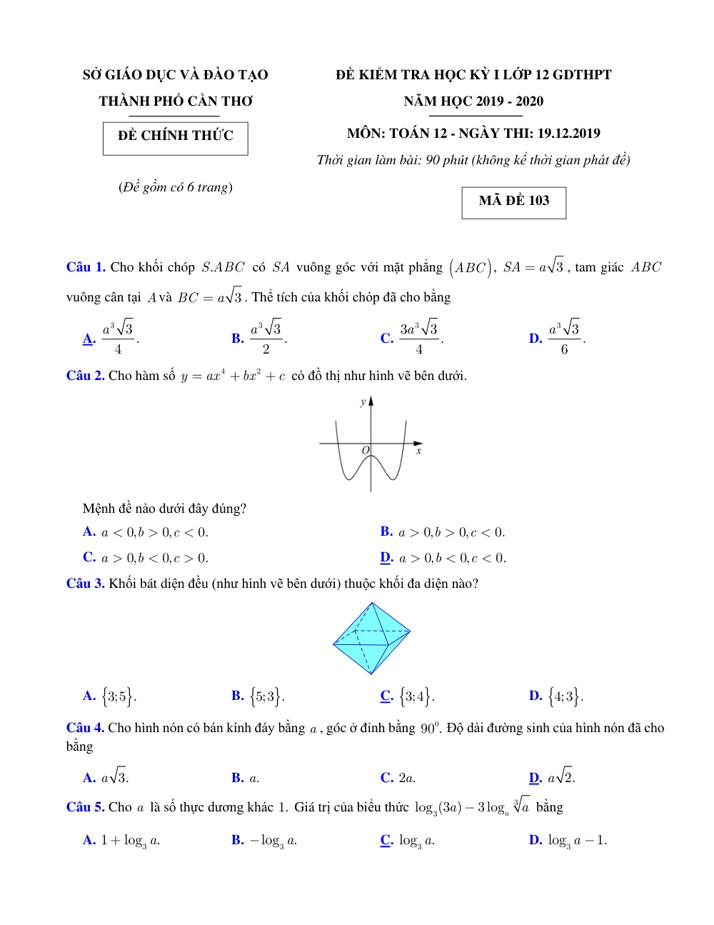 Xem trước trang 1 của "Đề Kiểm Tra Học Kỳ I Lớp 12 Môn Toán - Năm Học 2019-2020 - TP. Cần Thơ"