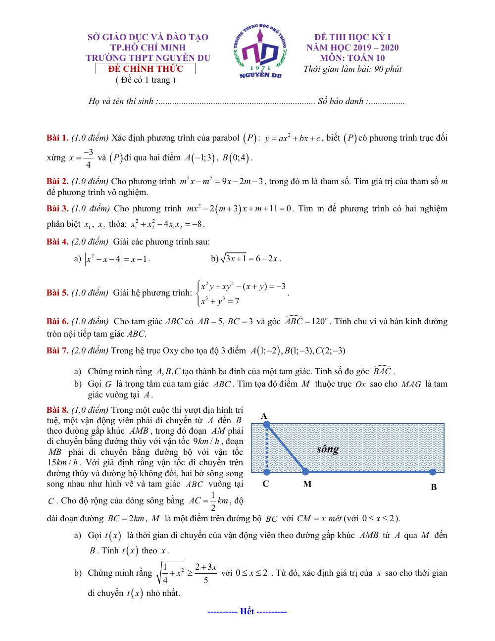 Xem trước trang 1 của "Đề thi học kỳ 1 Toán 10 - Trường THPT Nguyễn Du - TP. Hồ Chí Minh (2019-2020)"