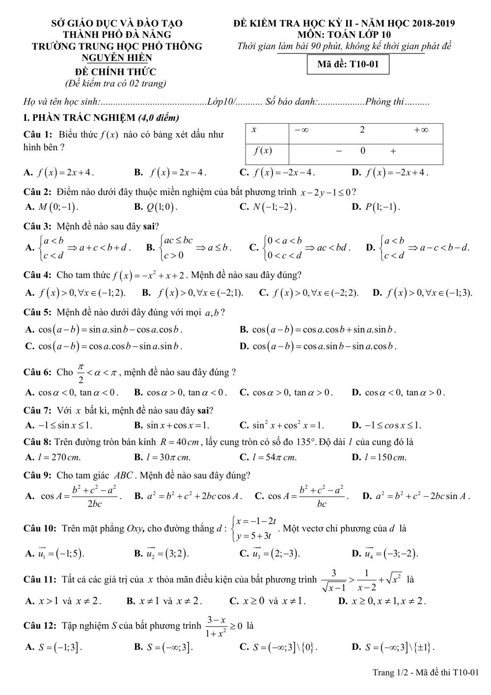 Xem trước trang 1 của "Đề Kiểm Tra Học Kỳ II - Toán 10 - Năm học 2018-2019 - Trường THPT Nguyễn Hiền - Đà Nẵng"