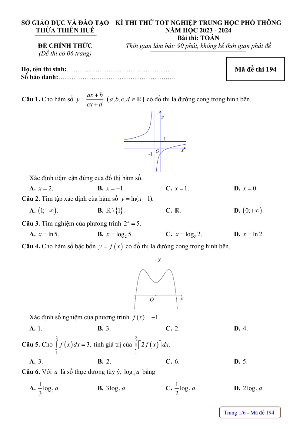 Xem trước trang 1 của "Đề thi thử Tốt nghiệp THPT 2024 - Môn Toán - Sở GDĐT Thừa Thiên Huế"