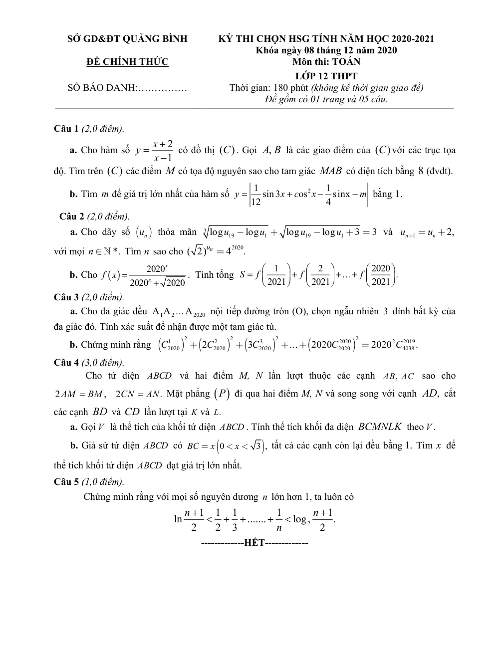 Xem trước trang 1 của "Kỳ Thi Chọn HSG Tỉnh Lớp 12 - Môn Toán - Năm học 2020-2021 (Bản Chính Thức) - Quảng Bình"