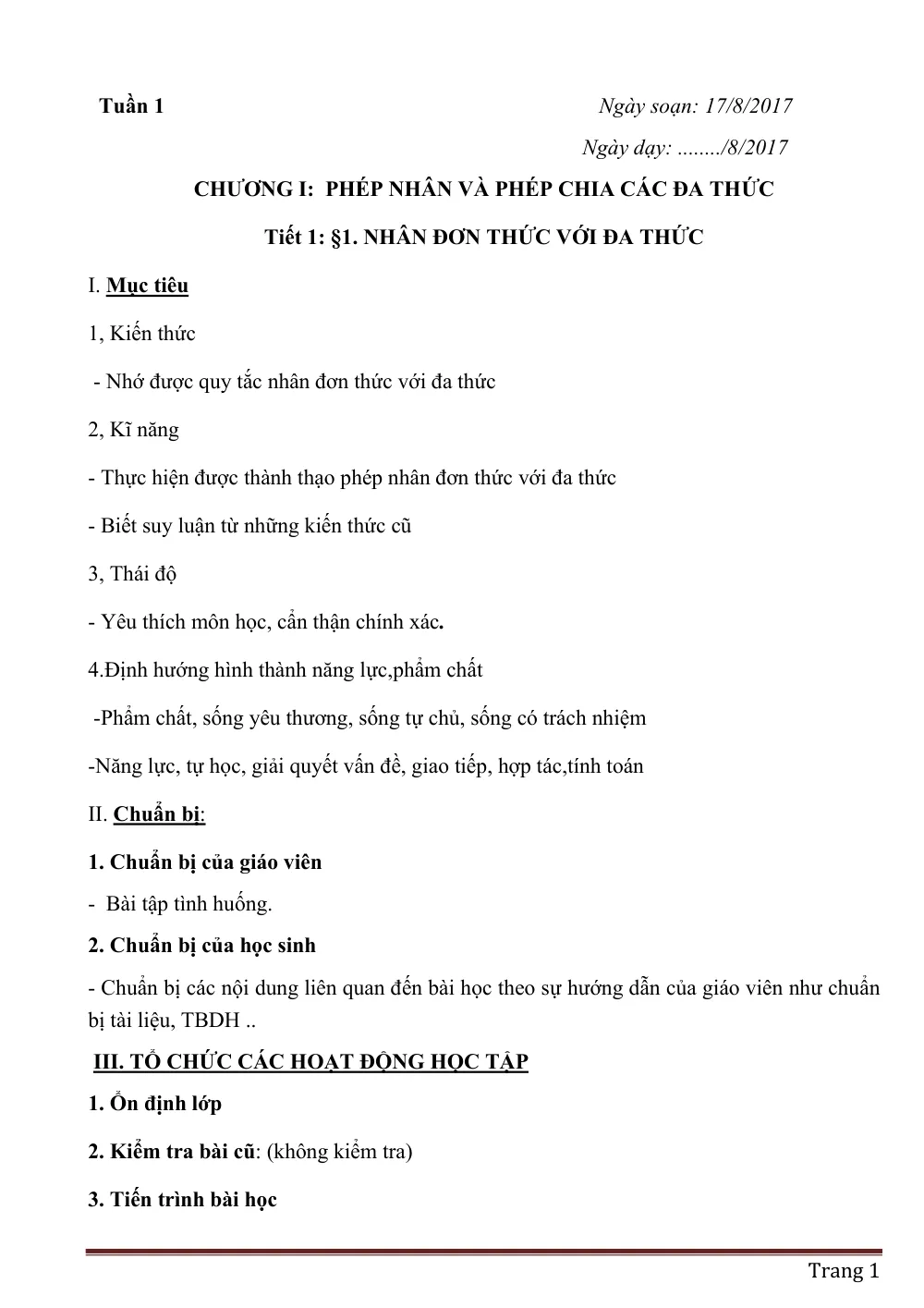 Xem trước trang 1 của "Giáo án Đại số 8 - Chương I: Phép nhân và phép chia các đa thức - Tiết 1: §1. Nhân đơn thức với đa thức (2017)"