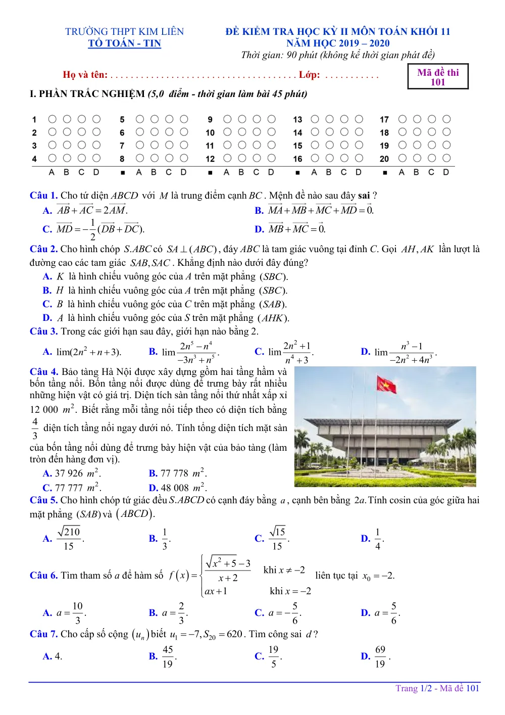 Xem trước trang 1 của "Đề Kiểm Tra Học Kỳ II - Toán 11 - Năm học 2019-2020 - Trường THPT Kim Liên - Hà Nội"