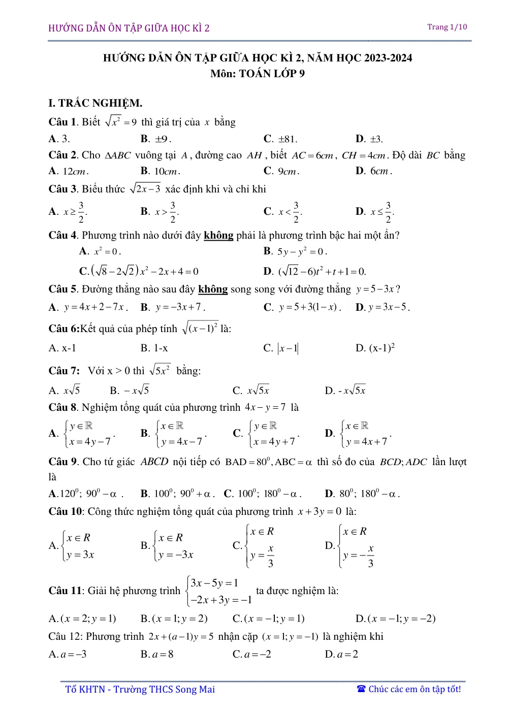 Xem trước trang 1 của "Đề cương Ôn tập Giữa học kỳ 2 - Toán 9 - Trường THCS Song Mai - Năm học 2023-2024"