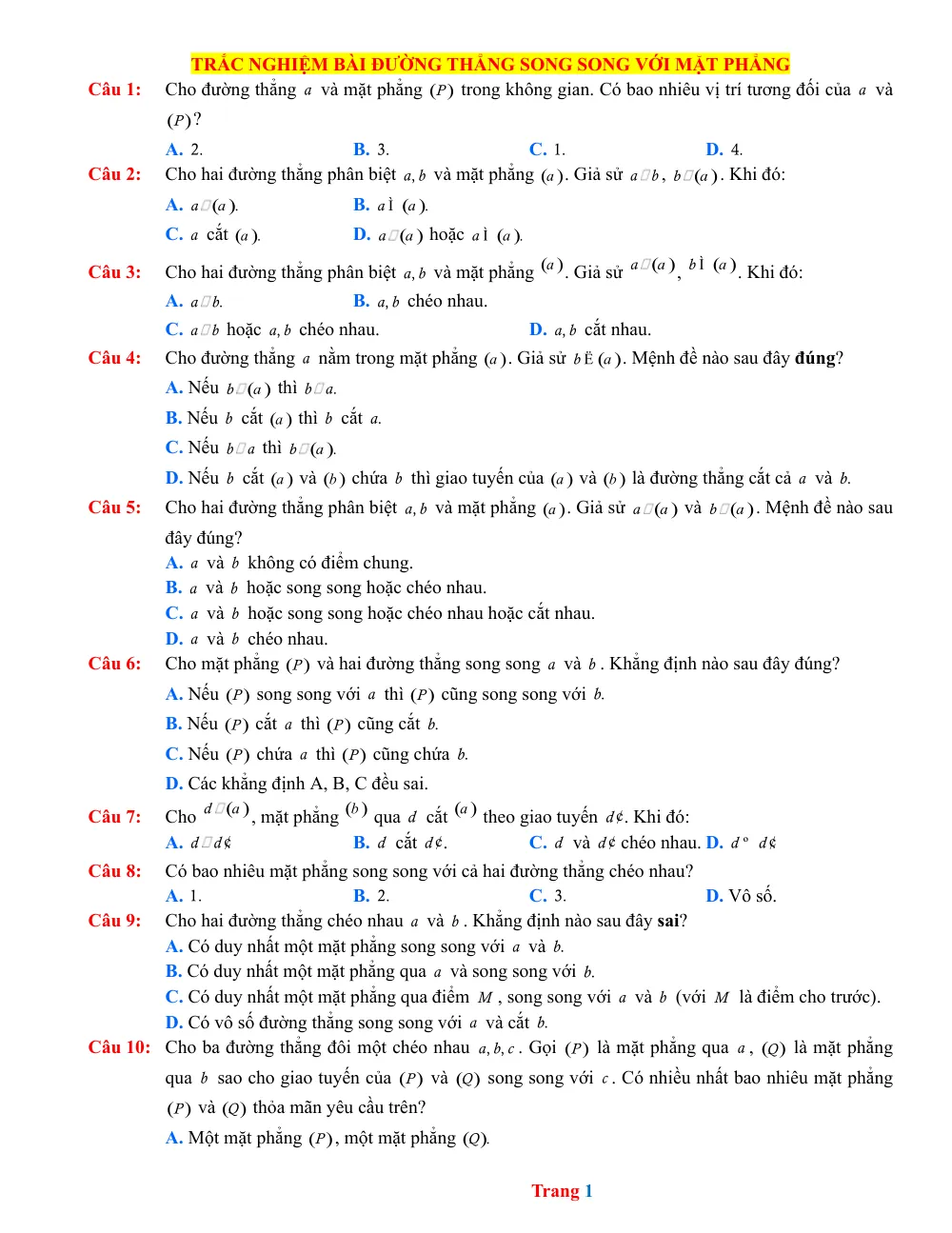 Xem trước trang 1 của "20 Câu Trắc Nghiệm Đường Thẳng Song Song Với Mặt Phẳng Hay"