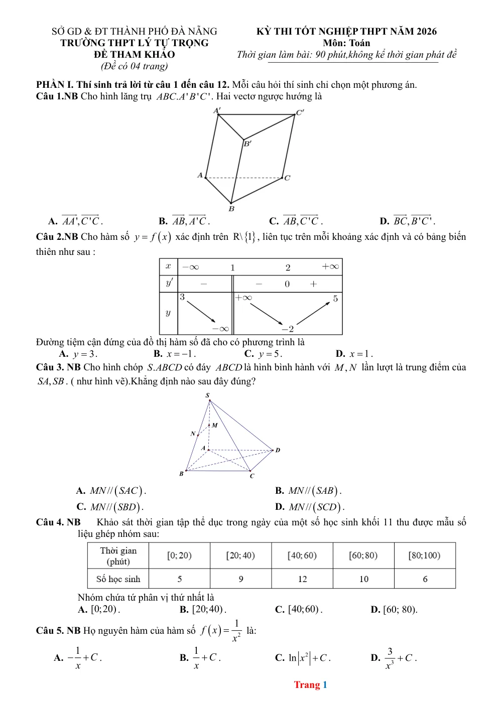Xem trước trang 1 của "Đề Tham Khảo Thi Tốt Nghiệp THPT 2026 - Môn Toán - Trường THPT Lý Tự Trọng - Đà Nẵng"