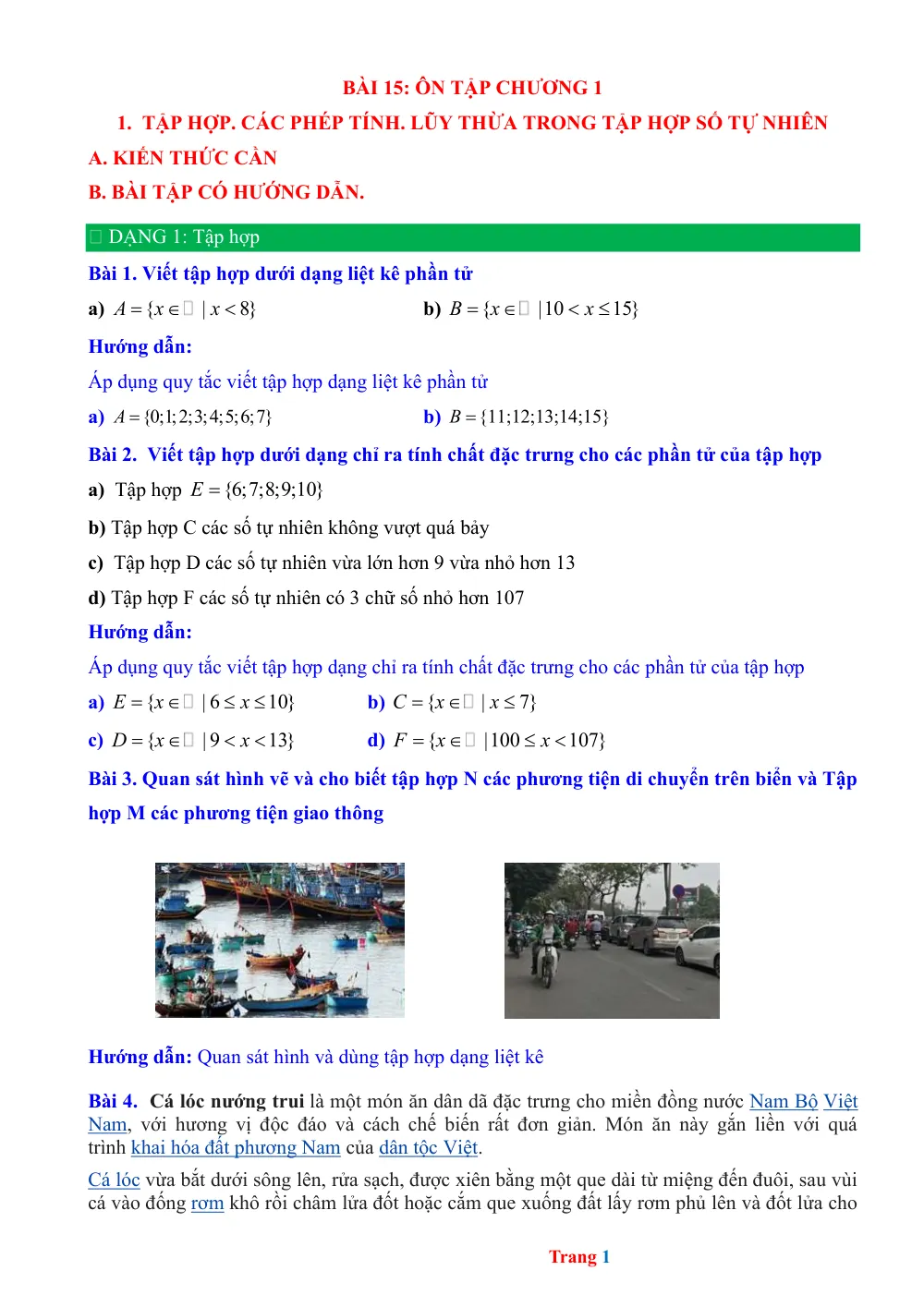 Xem trước trang 1 của "Bài 15: Ôn tập Chương 1 - Tập hợp. Các phép tính. Lũy thừa trong tập hợp số tự nhiên"