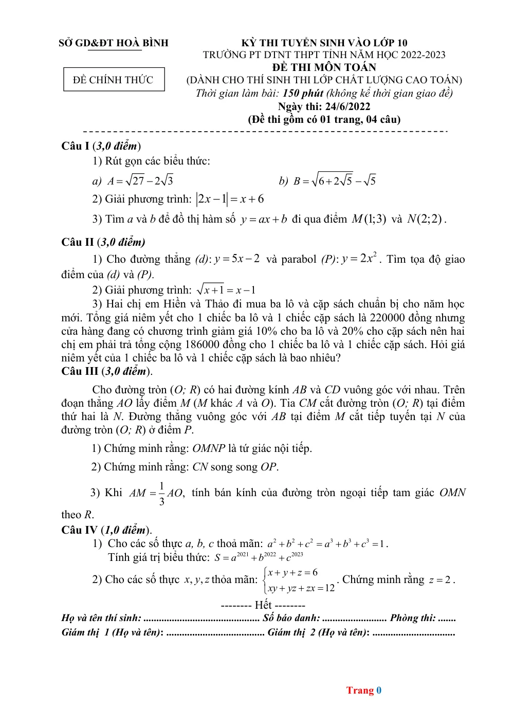 Xem trước trang 1 của "Đề thi Tuyển sinh vào lớp 10 môn Toán (Chất lượng cao) - Năm học 2022-2023 - Tỉnh Hòa Bình"