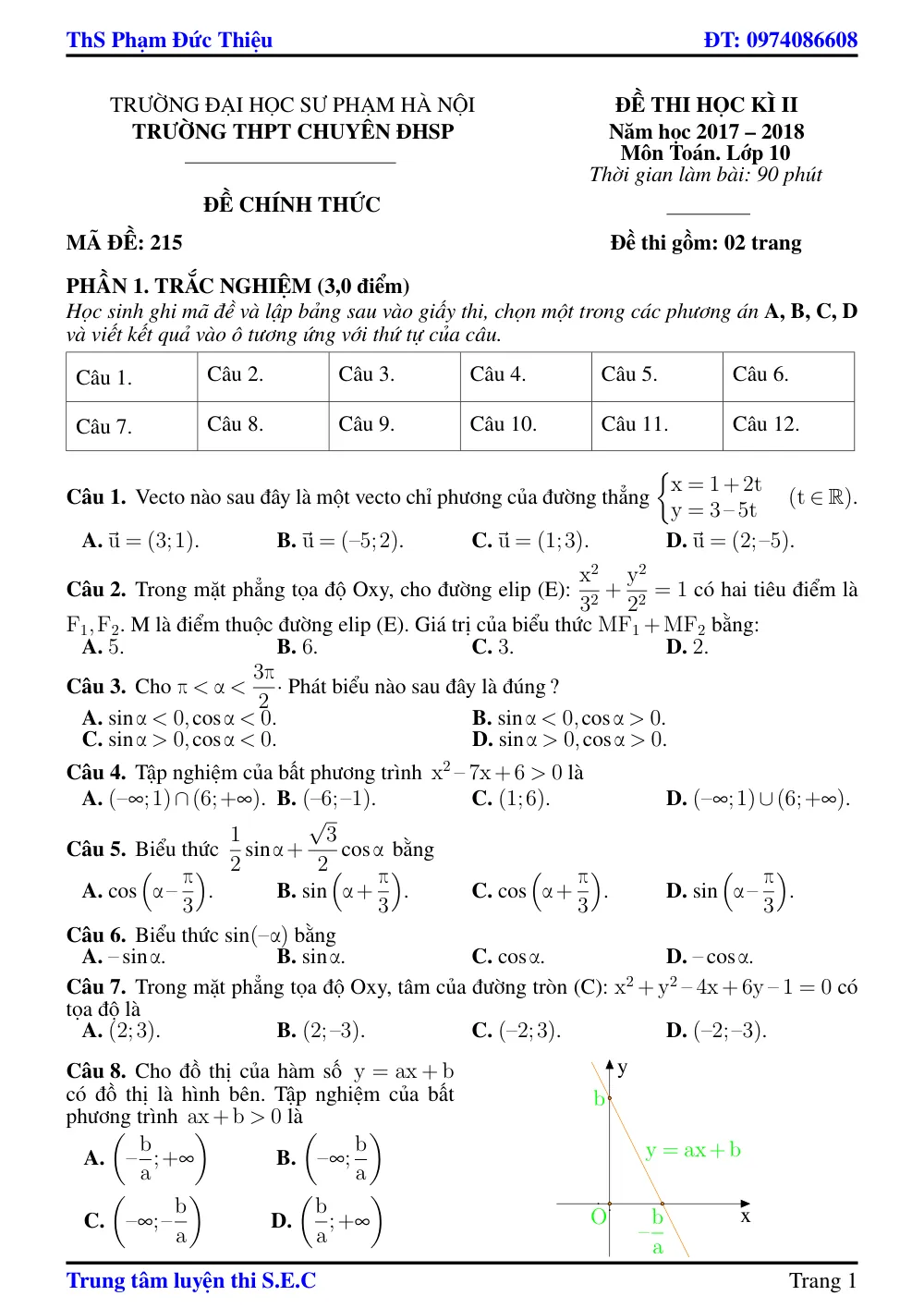 Xem trước trang 1 của "Đề thi Học kỳ 2 Toán 10 - Trường THPT Chuyên ĐHSP Hà Nội (2017-2018)"