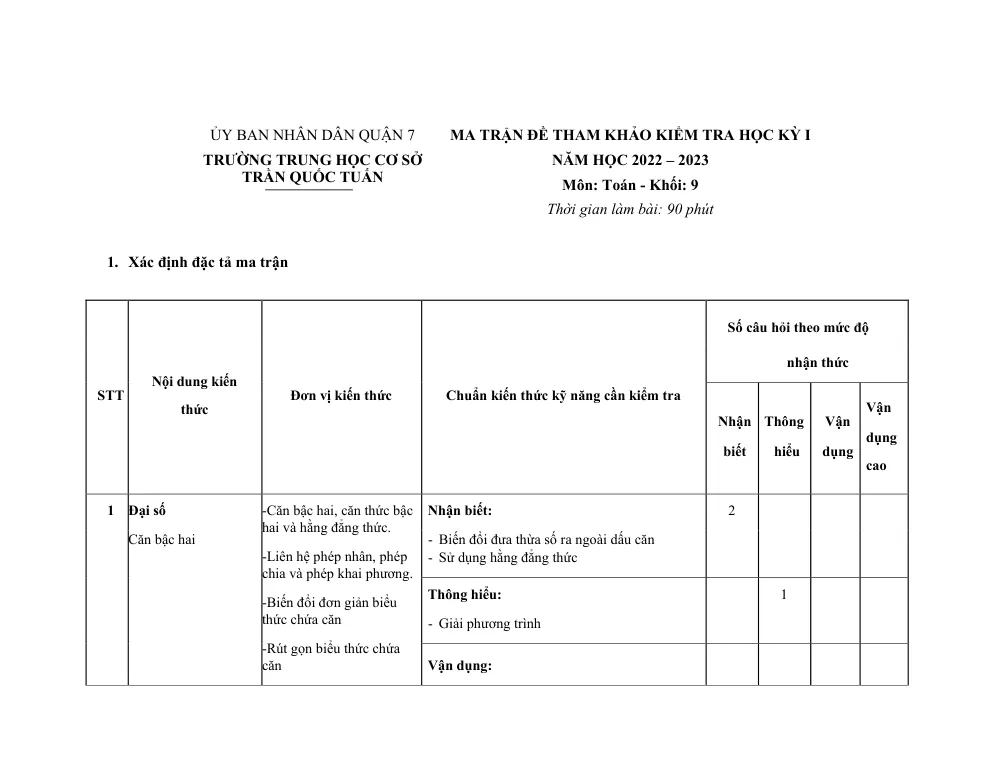Xem trước trang 1 của "Đề Tham Khảo Học Kỳ 1 Toán 9 - Trường THCS Trần Quốc Tuấn - TP. Hồ Chí Minh (2022-2023)"