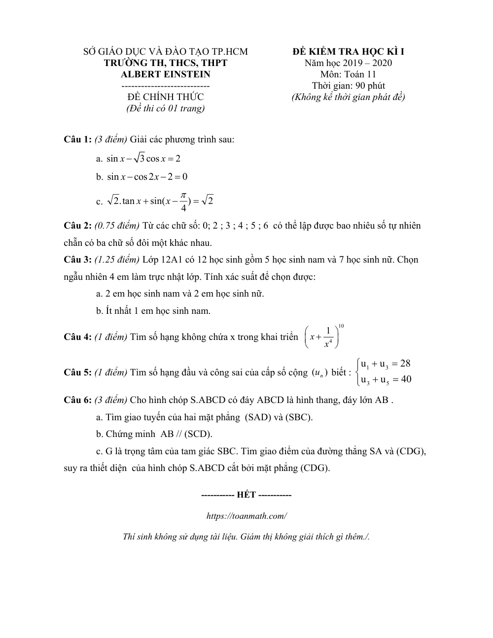 Xem trước trang 1 của "Đề Kiểm Tra Học Kỳ 1 Toán 11 - Trường Albert Einstein - TP. Hồ Chí Minh (2019-2020)"