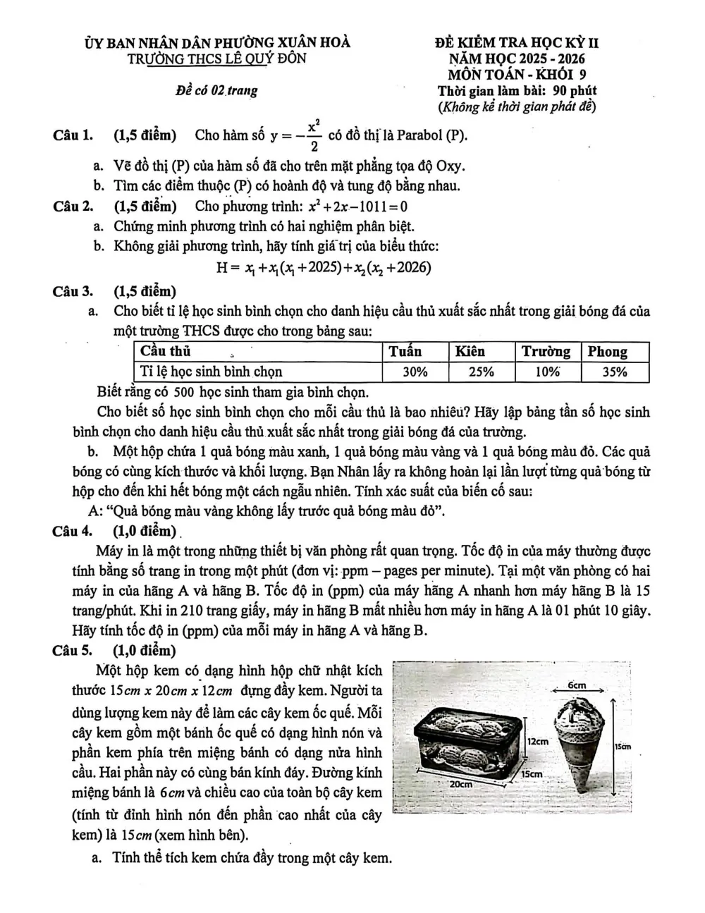 Xem trước trang 1 của "Đề cuối học kỳ 2 Toán 9 - Trường THCS Lê Quý Đôn - TP. Hồ Chí Minh (2025-2026)"