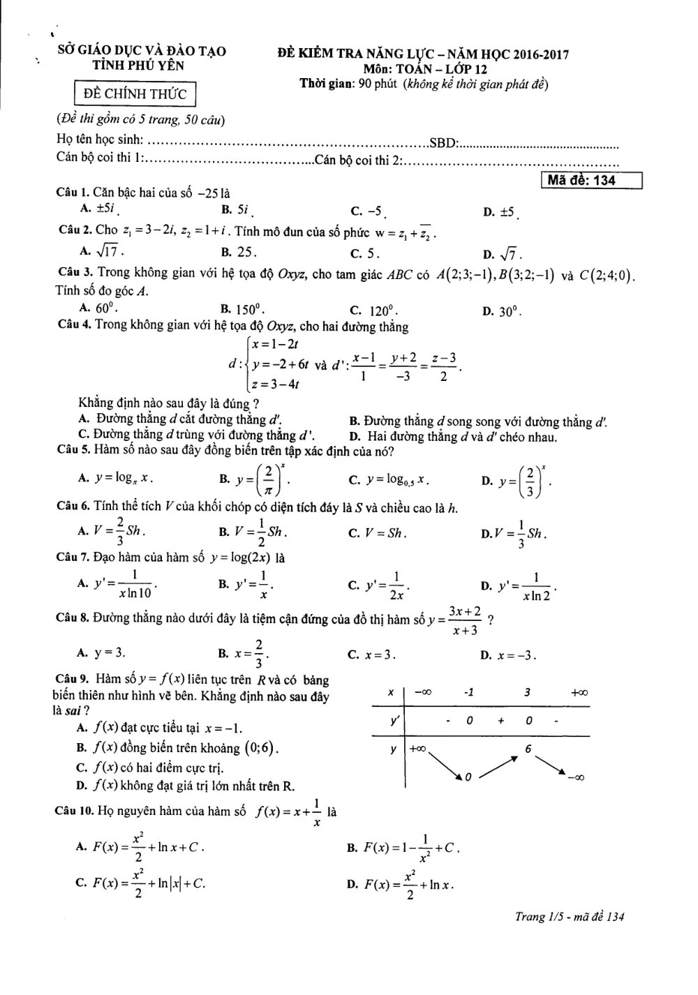 Xem trước trang 1 của "Đề Thi Thử THPT Quốc Gia 2017 - Môn Toán - Sở GD&ĐT Phú Yên"