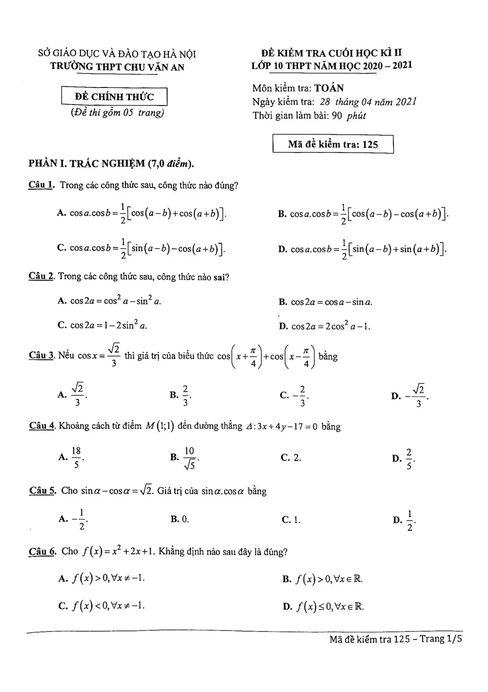 Xem trước trang 1 của "Đề Thi Cuối Học Kỳ 2 Toán 10 - Năm 2020-2021 - Trường THPT Chu Văn An - Hà Nội"