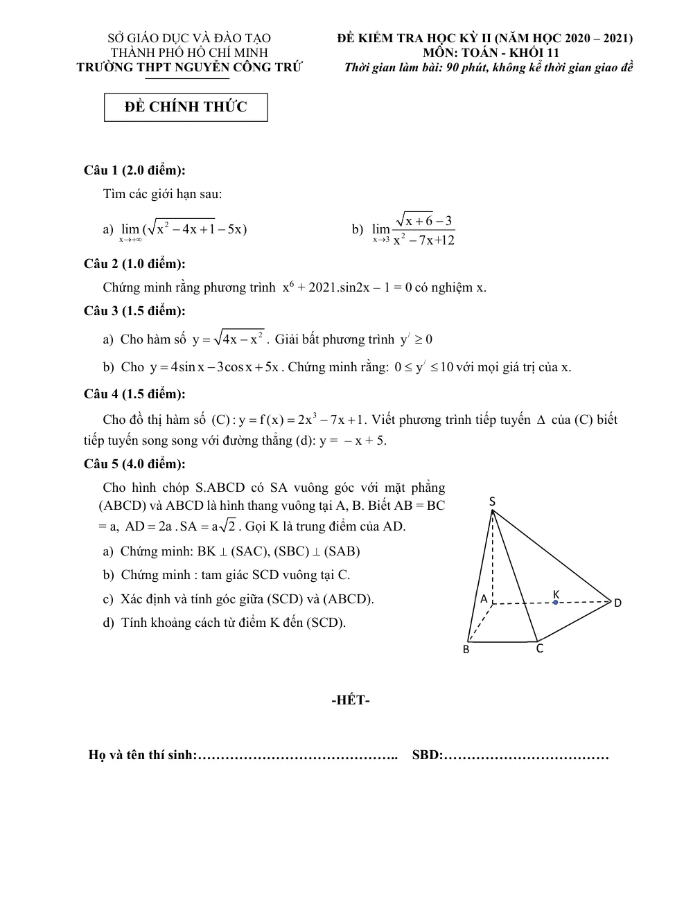 Xem trước trang 1 của "Đề Kiểm Tra Học Kỳ II - Toán 11 - Năm 2020-2021 - Trường THPT Nguyễn Công Trứ - TP. Hồ Chí Minh"