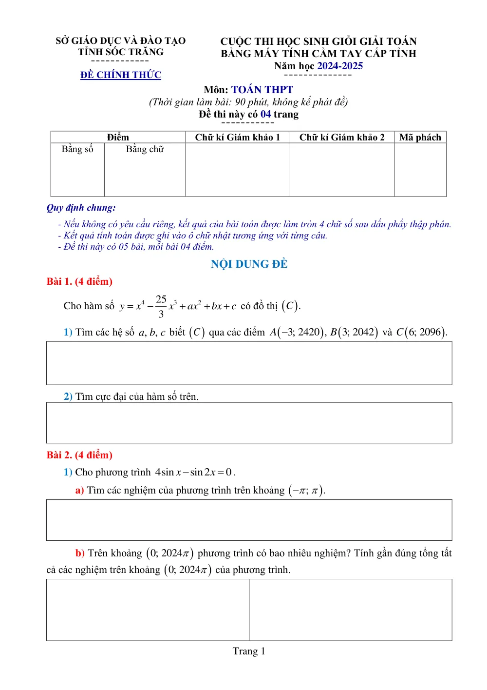 Xem trước trang 1 của "Đề thi Học sinh Giỏi Giải Toán bằng Máy tính Cầm tay cấp tỉnh - Môn Toán THPT - Năm học 2024-2025 - Sóc Trăng"