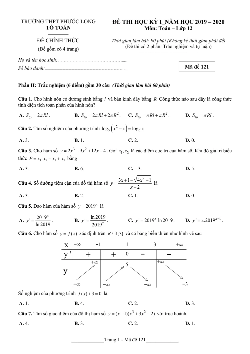 Xem trước trang 1 của "Đề thi Học kỳ 1 Toán 12 năm 2019-2020 - Trường THPT Phước Long - TP. Hồ Chí Minh"