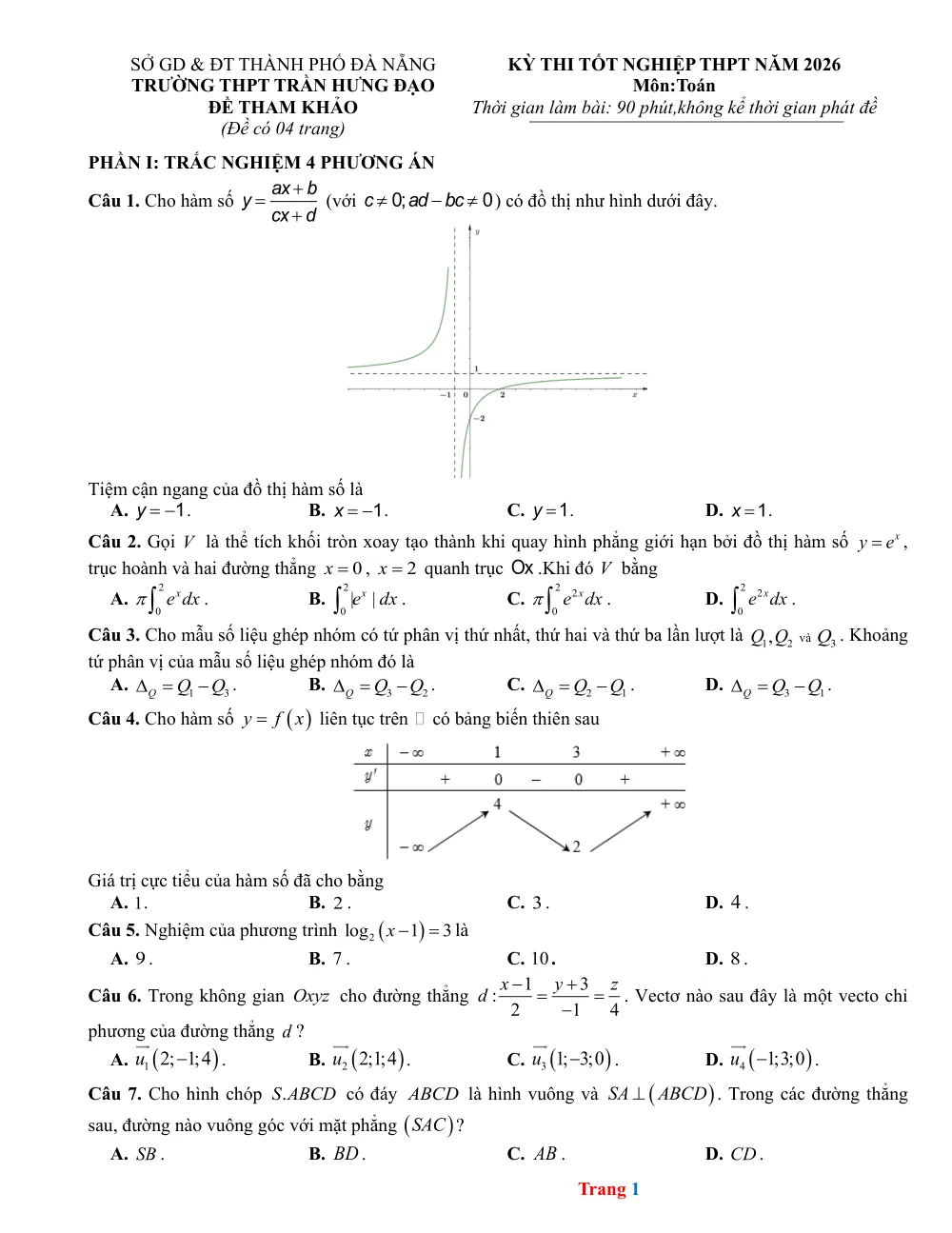 Xem trước trang 1 của "Đề Tham Khảo Thi Tốt Nghiệp THPT 2026 - Toán - Trường THPT Trần Hưng Đạo - Đà Nẵng"