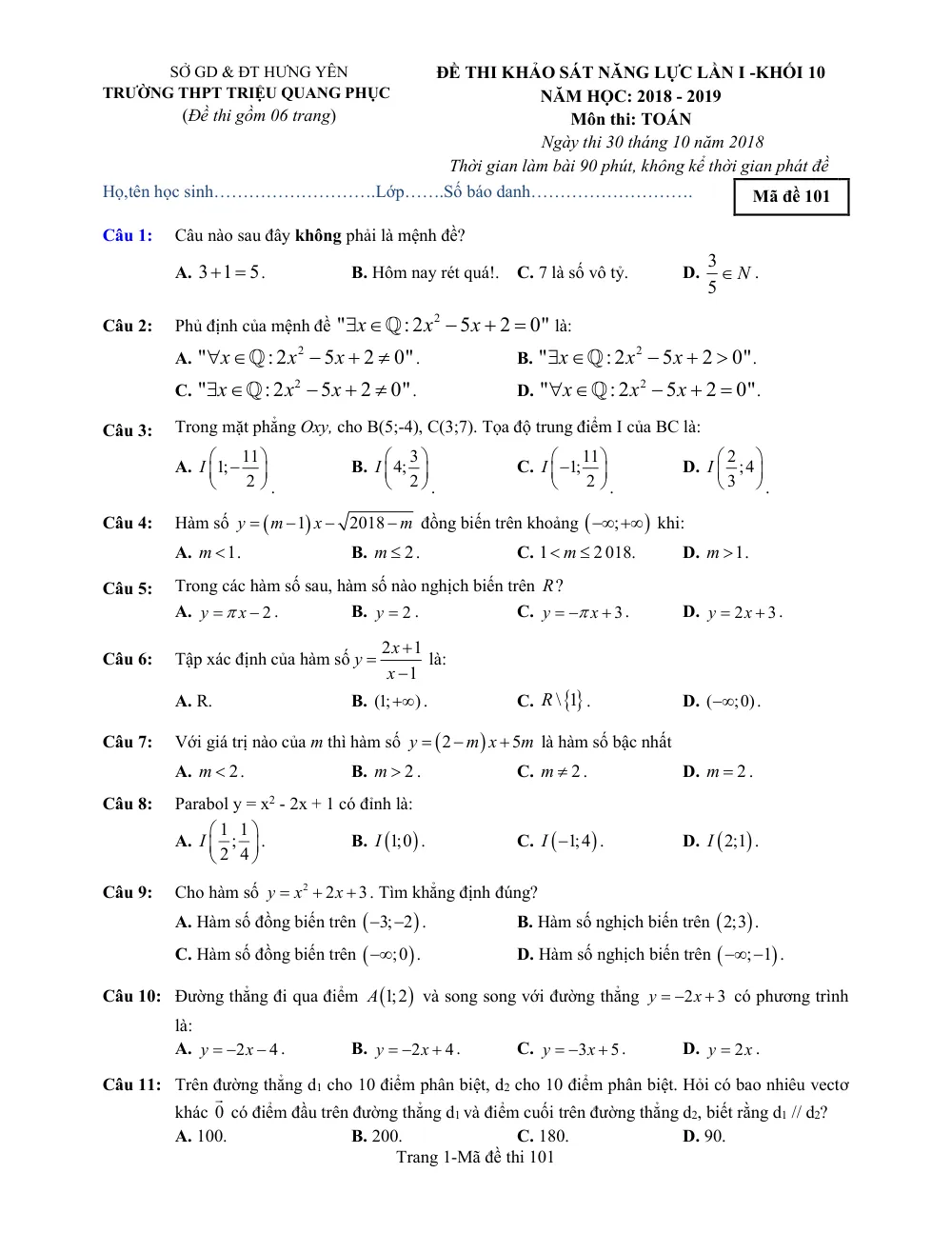 Xem trước trang 1 của "Đề Khảo Sát Năng Lực Toán 10 - Lần 1 (2018-2019) - Trường THPT Triệu Quang Phục - Hưng Yên"