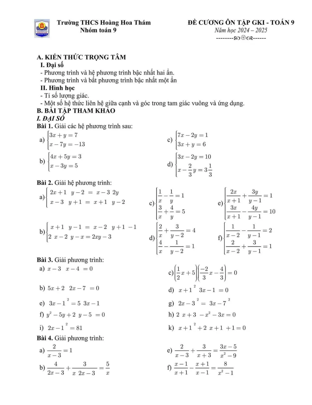 Xem trước trang 1 của "Đề cương ôn tập GK1 Toán 9 năm 2024-2025 - Trường THCS Hoàng Hoa Thám - Hà Nội"