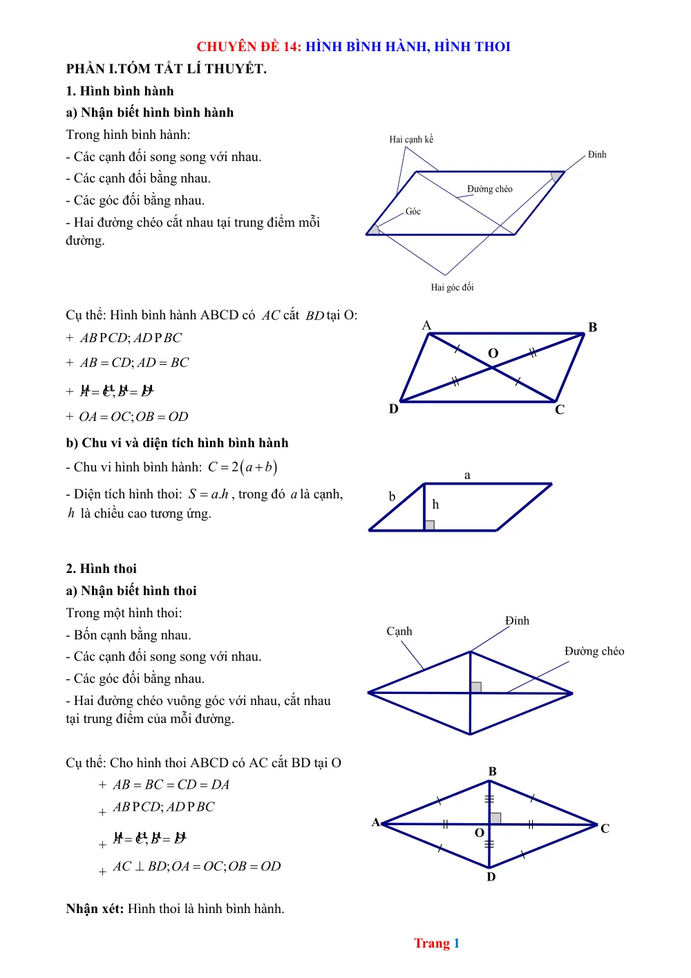 Xem trước trang 1 của "Chuyên đề 14: Hình bình hành, Hình thoi"