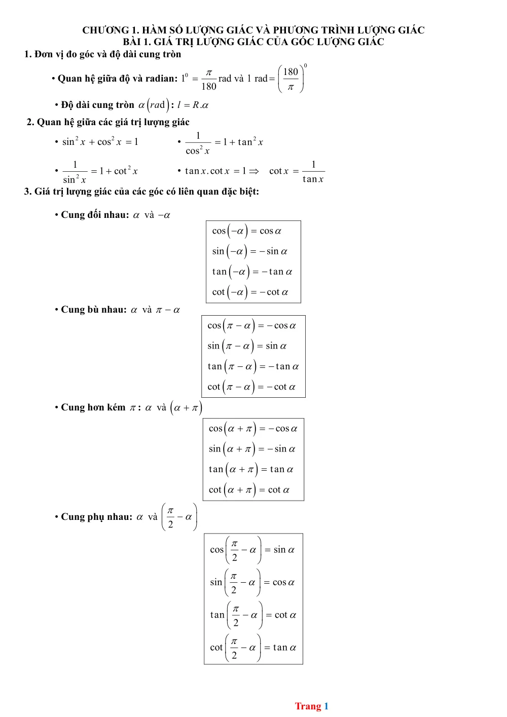 Xem trước trang 1 của "Tóm tắt Chương Lượng Giác Lớp 11 Theo Từng Bài Học"