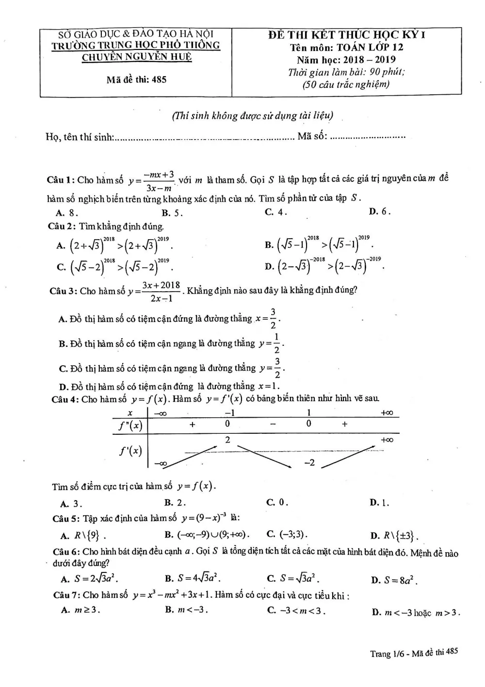 Xem trước trang 1 của "Đề thi kết thúc học kỳ 1 Toán 12 - Năm 2018-2019 - Trường Chuyên Nguyễn Huệ - Hà Nội"