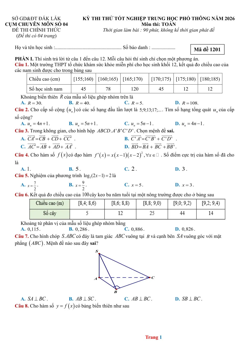 Xem trước trang 1 của "Đề Thi Thử TN THPT 2026 - Môn Toán - Khối 12 - Cụm Chuyên môn 4 - Đắk Lắk"