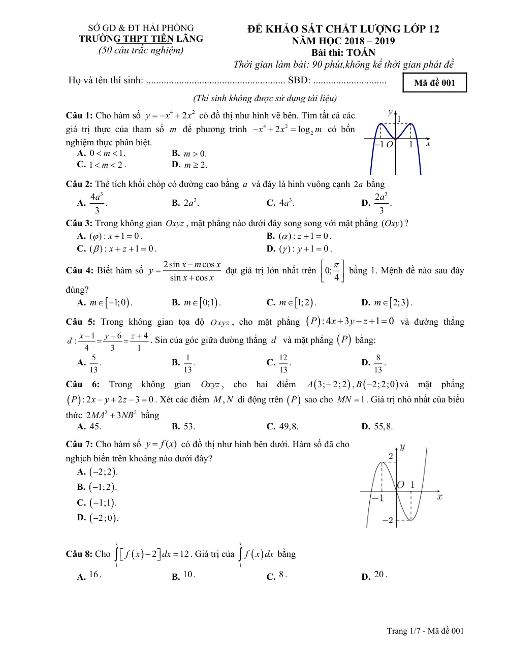 Xem trước trang 1 của "Đề Khảo Sát Chất Lượng Lớp 12 - Trường THPT Tiên Lãng - Năm học 2018-2019 - Môn Toán - TP. Hồ Chí Minh"