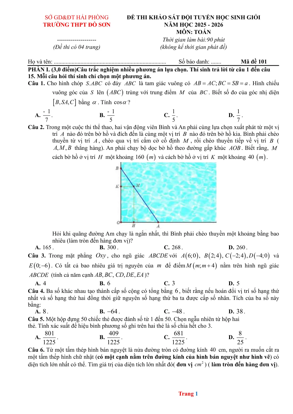 Xem trước trang 1 của "Đề Khảo Sát Đội Tuyển Học Sinh Giỏi Toán 12 THPT Đồ Sơn Năm Học 2025-2026 - Hải Phòng"
