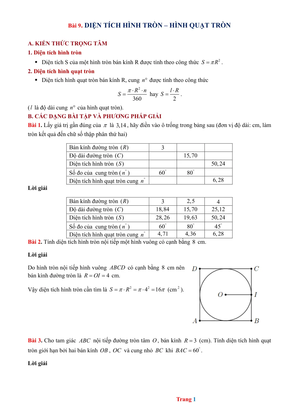 Xem trước trang 1 của "Giải Bài 9. Diện tích hình tròn – Hình quạt tròn Toán 9"