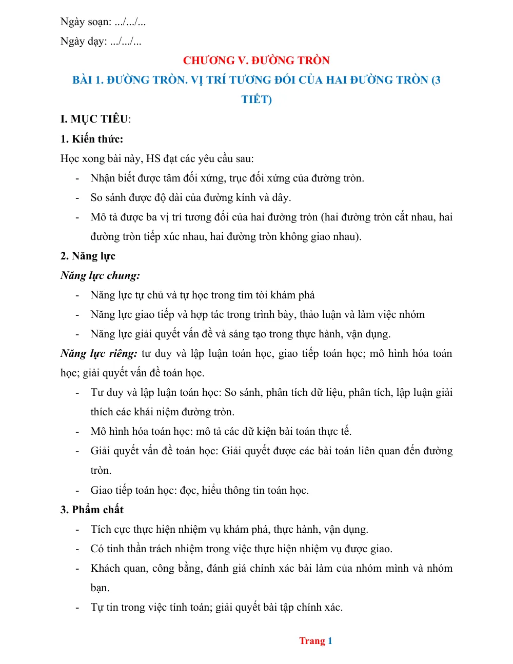 Xem trước trang 1 của "Toán 9 - Chương 5: Đường tròn - Bài 1: Đường tròn. Vị trí tương đối của hai đường tròn"