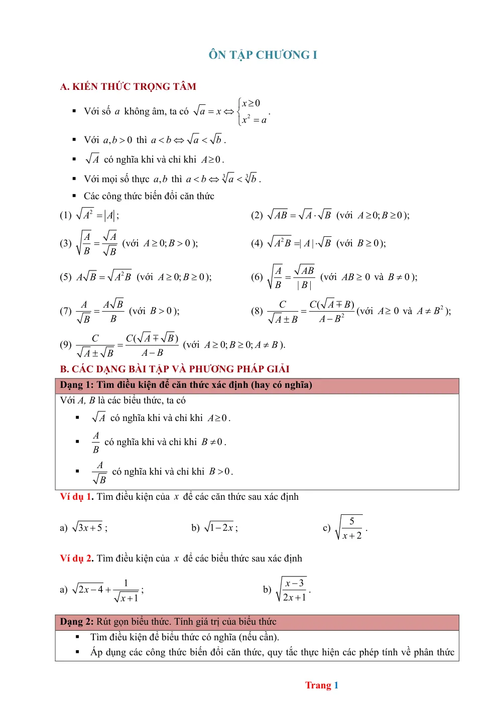Xem trước trang 1 của "Ôn Tập Chương I - Toán 9"
