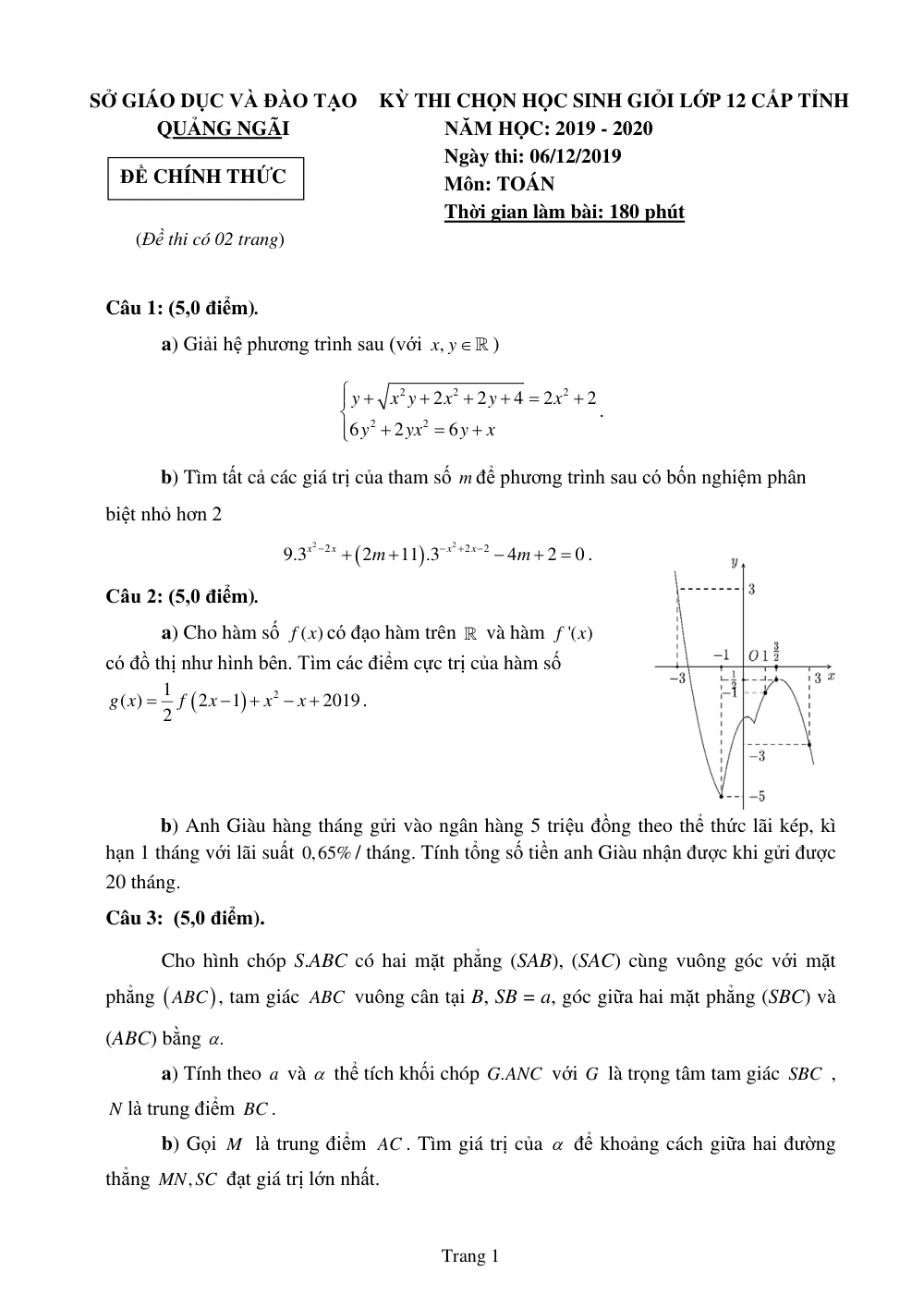 Xem trước trang 1 của "Đề thi Học sinh Giỏi Toán 12 - Tỉnh Quảng Ngãi Năm học 2019-2020"