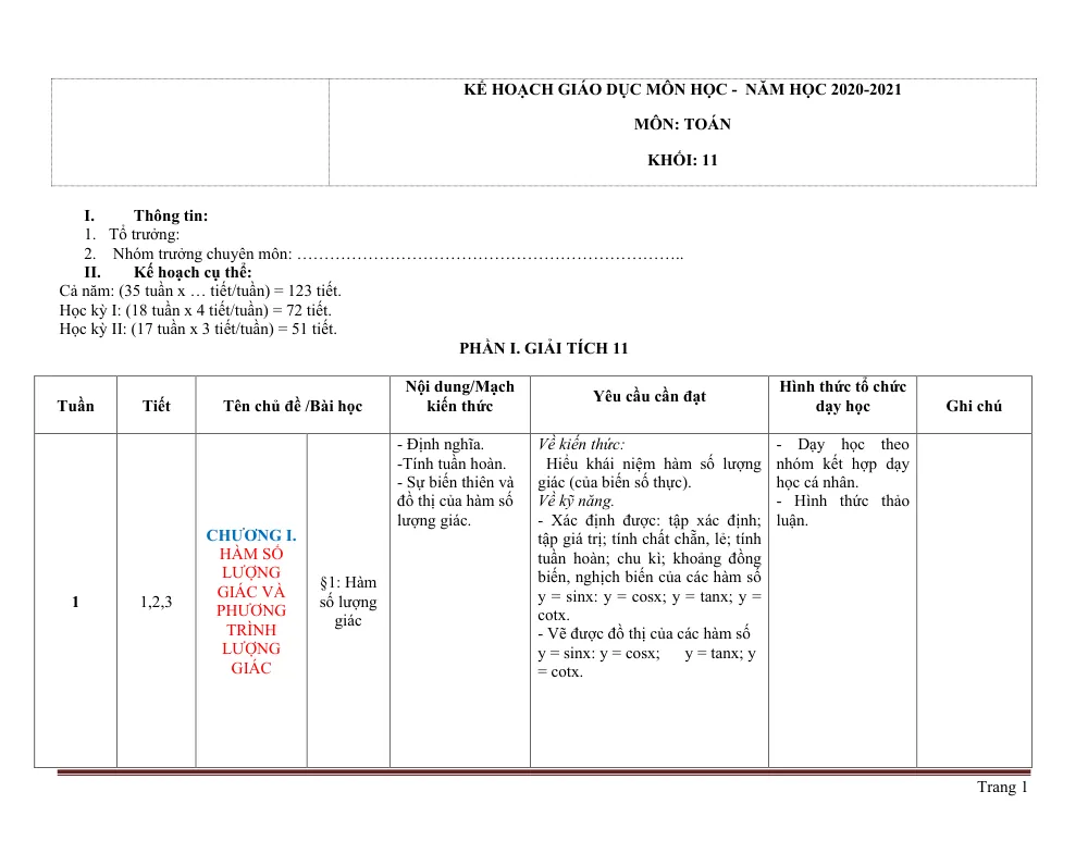 Xem trước trang 1 của "Kế hoạch Giáo dục Môn Toán Lớp 11 - Năm học 2020-2021"
