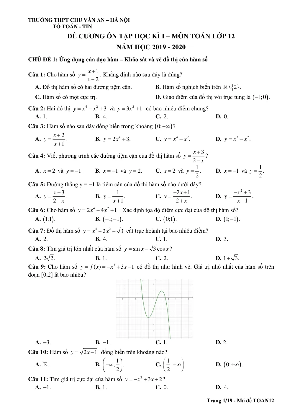 Xem trước trang 1 của "Đề cương Ôn tập HK1 Toán 12 - Trường THPT Chu Văn An - Hà Nội (2019-2020)"