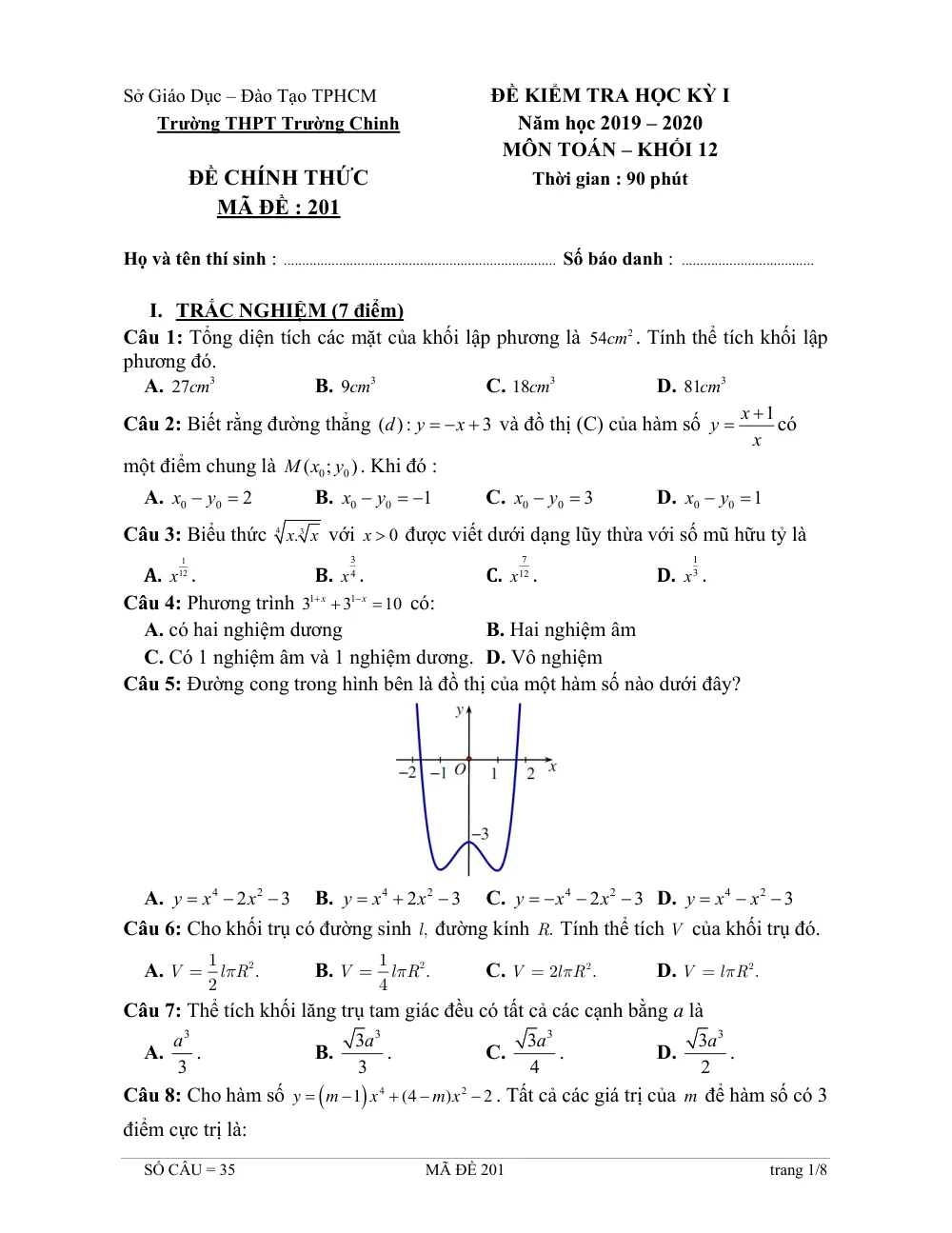 Xem trước trang 1 của "Đề Kiểm Tra Học Kỳ 1 Toán 12 - Năm học 2019-2020 - Trường THPT Trường Chinh - TPHCM"