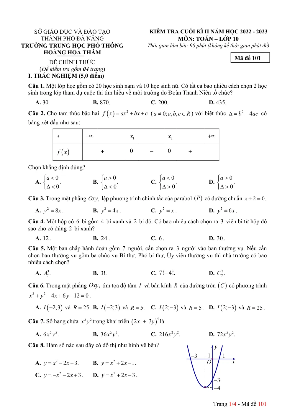 Xem trước trang 1 của "Đề kiểm tra cuối học kỳ 2 Toán 10 năm 2022-2023 - Trường THPT Hoàng Hoa Thám - Đà Nẵng"