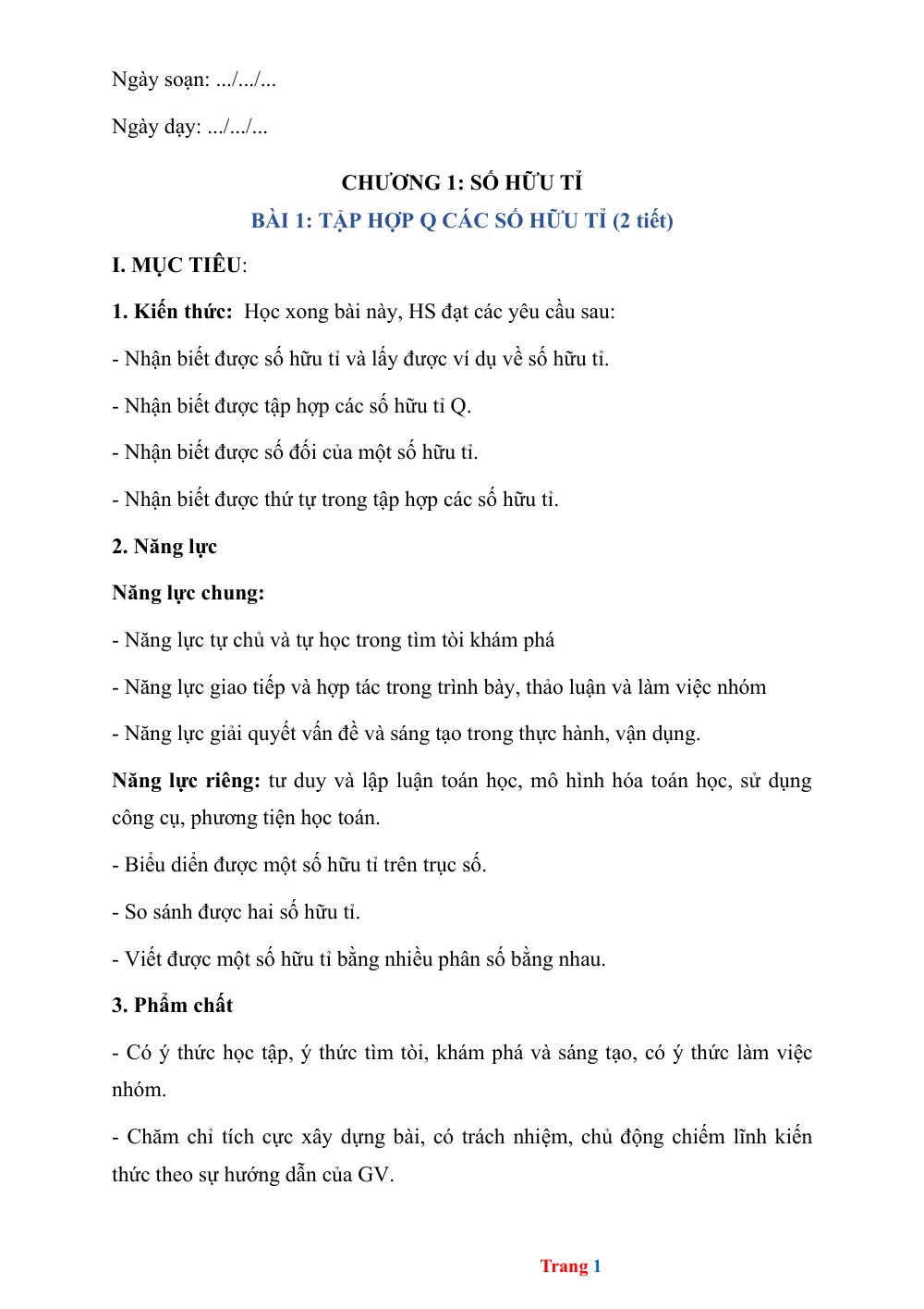 Xem trước trang 1 của "Toán 7 - Học kỳ 1 - Số hữu tỉ - Tập hợp Q các số hữu tỉ - CTST"