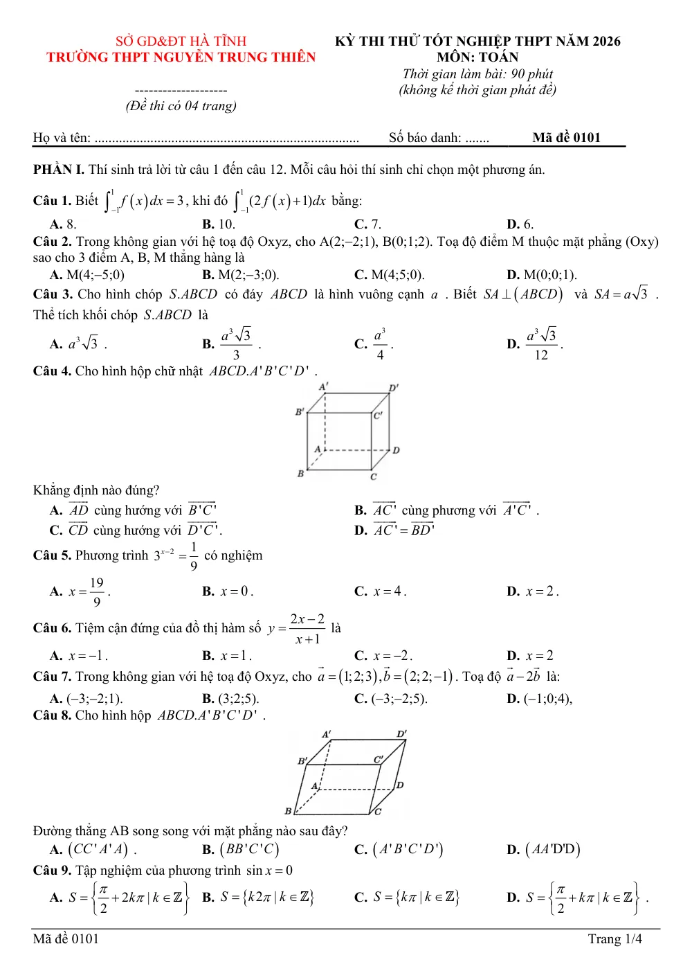 Xem trước trang 1 của "Đề thi thử Tốt nghiệp THPT 2026 - Môn Toán - Trường THPT Nguyễn Trung Thiên - Hà Tĩnh"