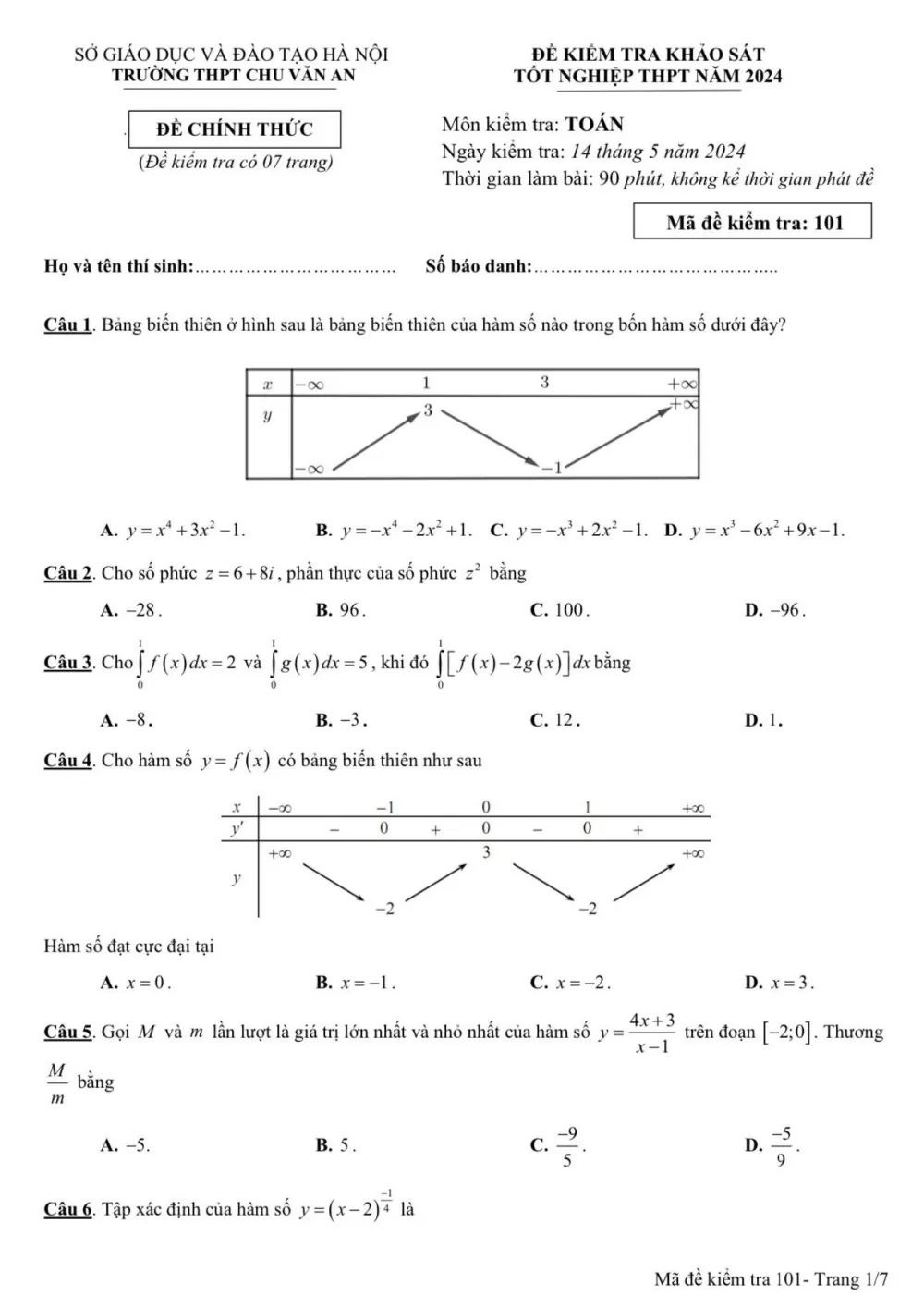 Xem trước trang 1 của "Đề Khảo Sát Toán Tốt Nghiệp THPT 2024 - Trường THPT Chu Văn An - Hà Nội"